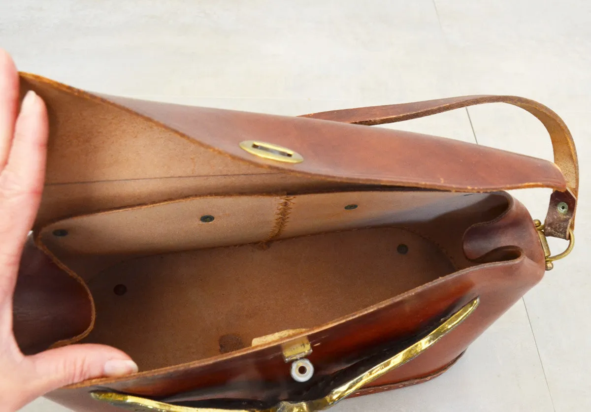 Vintage Cognac Leather Handbag Purse with heavy Metal American Eagle Emblem on front