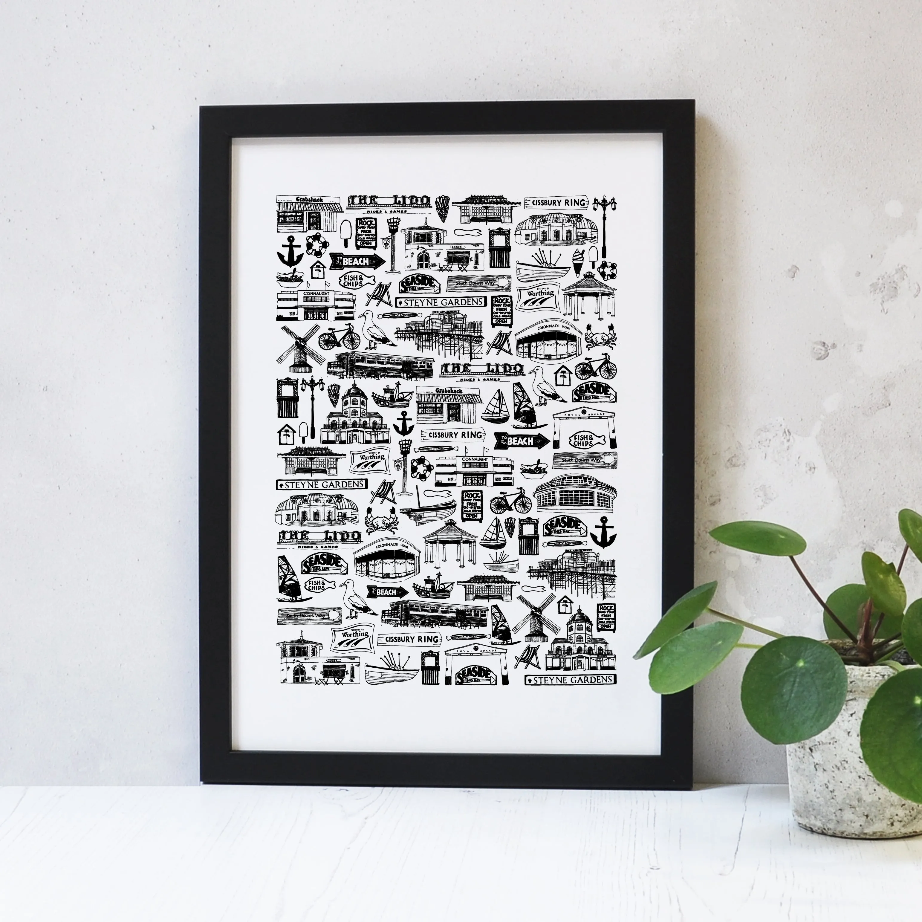 Worthing Illustrated Black And White Print