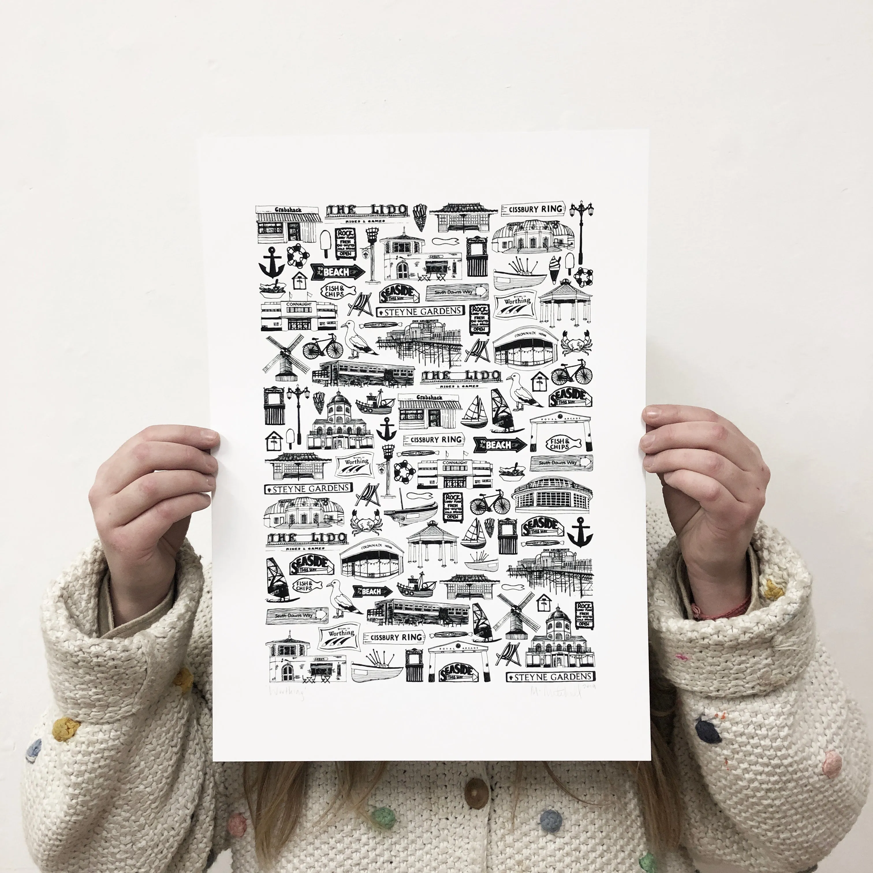 Worthing Illustrated Black And White Print