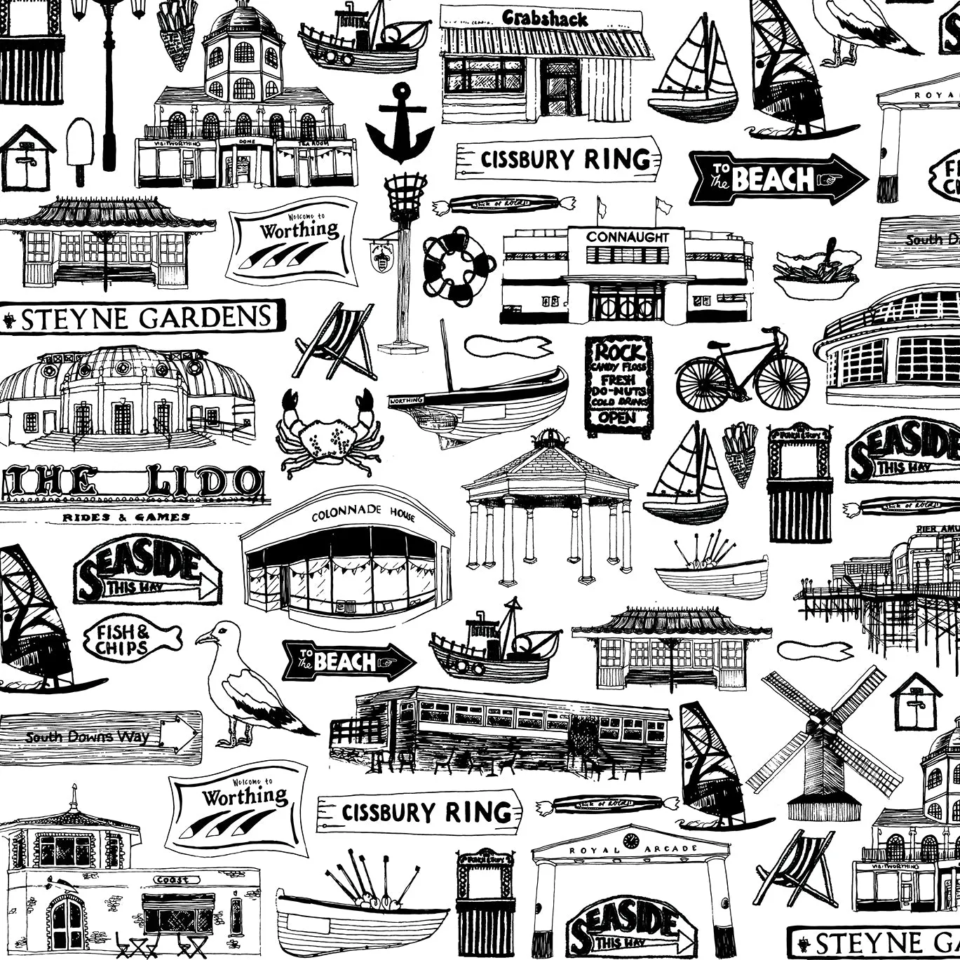 Worthing Illustrated Black And White Print