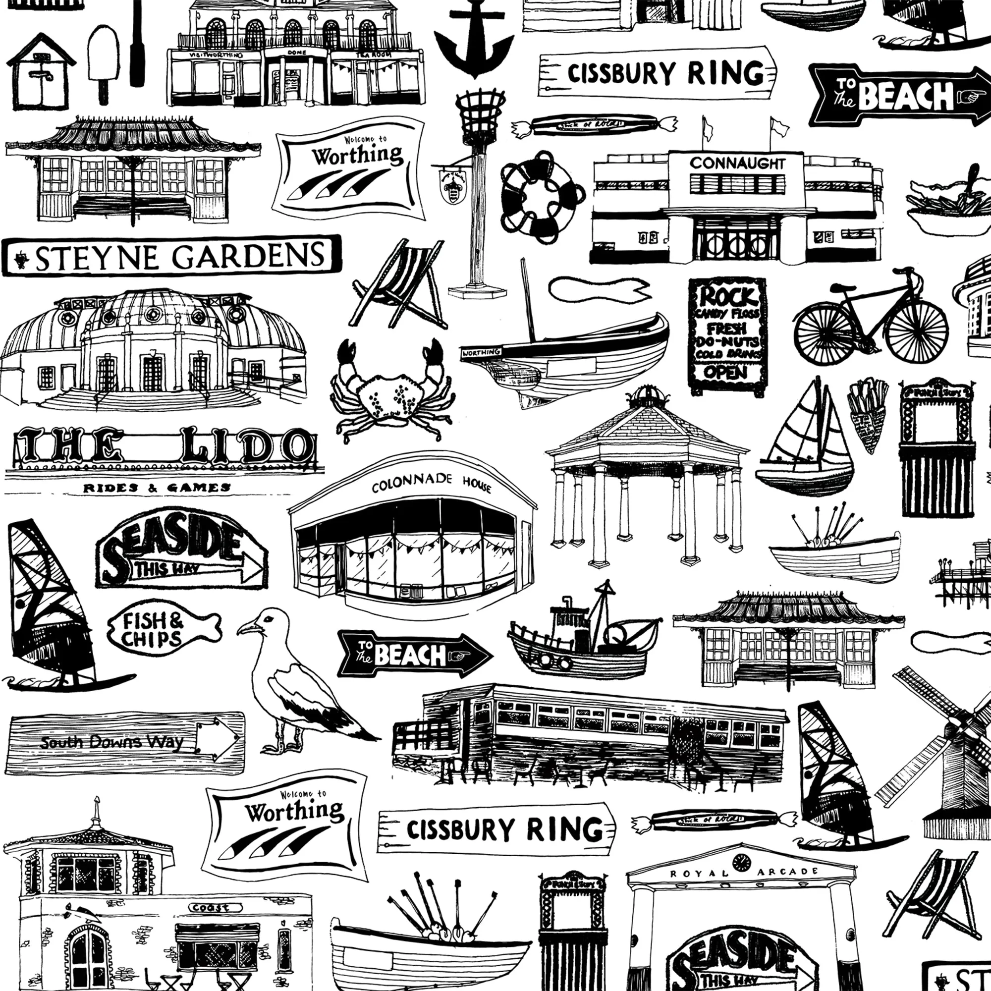 Worthing Illustrated Black And White Print
